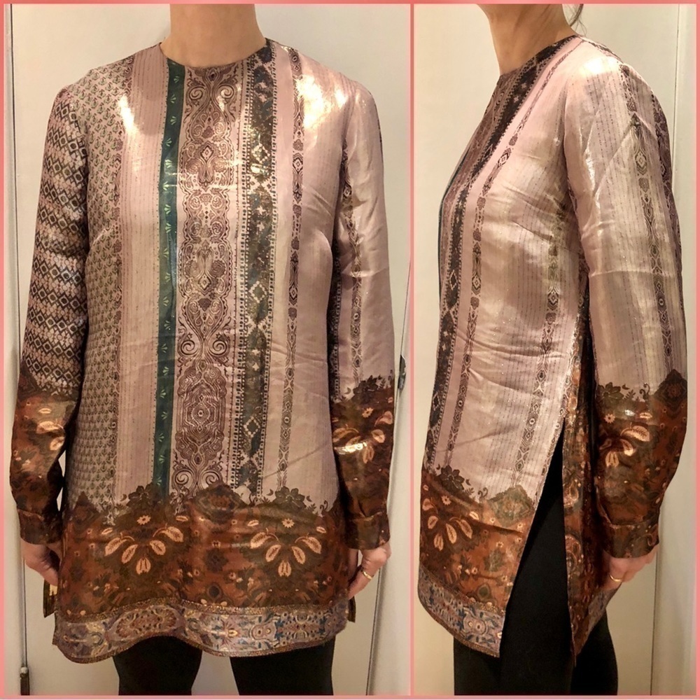 ETRO Metallic Silk Patterned Print Long Sleeve Side Slit Tunic‎ Blouse Sz 44 ITA